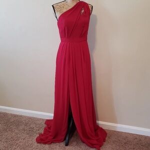 Davids bridal long one shoulder crinkle chiffon bridesmaid dress apple red 14